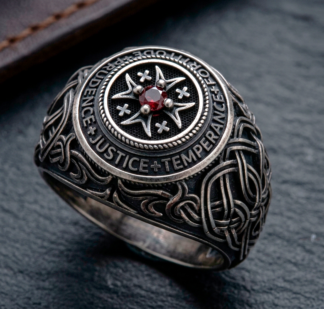 Catholic Ring Four Cardinal Virtues – Christian Mens Signet Ring
