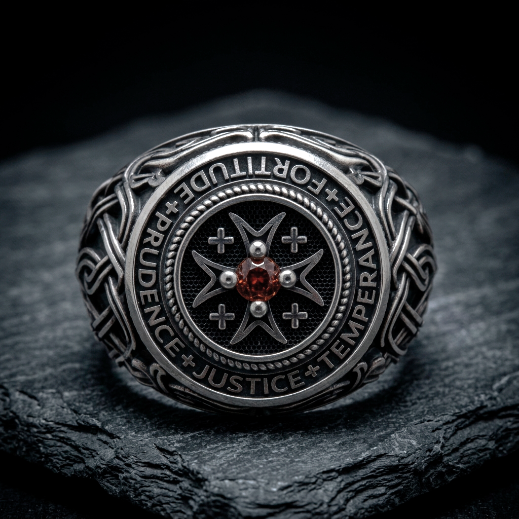 Catholic Ring Four Cardinal Virtues – Christian Mens Signet Ring