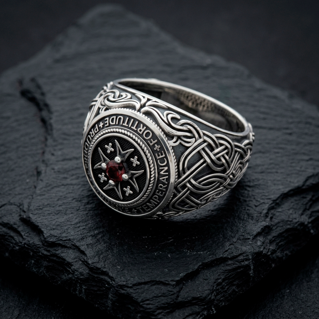 Catholic Ring Four Cardinal Virtues – Christian Mens Signet Ring