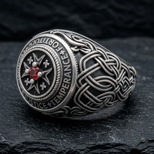 Sterling silver Catholic signet ring engraved with the Four Cardinal Virtues: Prudence, Justice, Temperance, and Fortitude. This handcrafted stoic ring features a red gemstone center, inspired by Christian symbolism, memento mori philosophy, and Amor Fati. A statement piece of religious jewelry for men, reflecting spiritual strength, moral discipline, and knightly courage. INDIGO JEWELRY