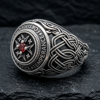Sterling silver Catholic signet ring engraved with the Four Cardinal Virtues: Prudence, Justice, Temperance, and Fortitude. This handcrafted stoic ring features a red gemstone center, inspired by Christian symbolism, memento mori philosophy, and Amor Fati. A statement piece of religious jewelry for men, reflecting spiritual strength, moral discipline, and knightly courage. INDIGO JEWELRY