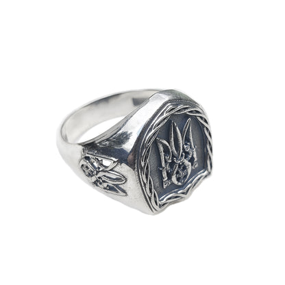 Ukrainian Trident Tryzub Symbol Mens Sterling Ring Silver