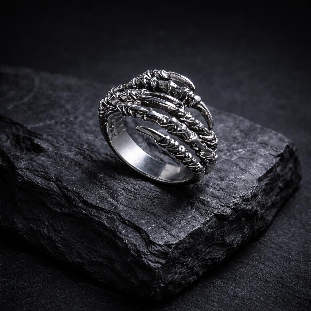 A silver ring with intricate designs rests on a dark, textured surface, such as a rock or a slate.