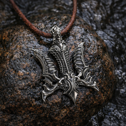 A silver pendant with an intricate design, resembling a dragon or serpent, is displayed on a rock.