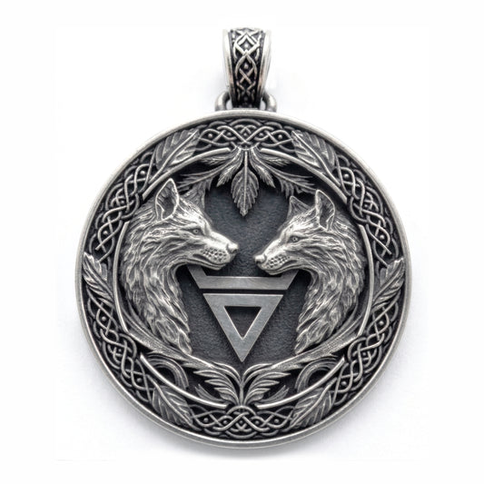 Viking wolves pendant with Veles symbol in solid sterling silver 925, oxidized finish, Slavic talisman jewelry, wolf amulet necklace, Norse style pendant, protective rune pendant, gothic silver pendant, handmade silver jewelry, pagan symbol necklace, mens silver pendant, symbolic jewelry with meaning, blackened silver wolf pendant, spiritual protection amulet, unique artisan pendant
