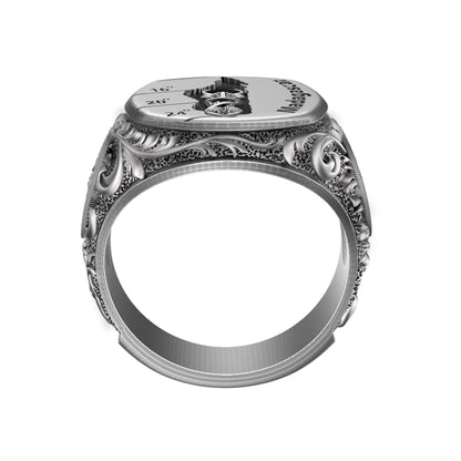 Madagascar silver signet ring with engraved island map, tribal symbols, zebu bull, palm and shield details. Handcrafted men’s jewelry in oxidized sterling silver 925, bold ethnic heritage design, unique symbolic statement ring, heavy masculine accessory, perfect gift for travelers, collectors, or lovers of African culture.