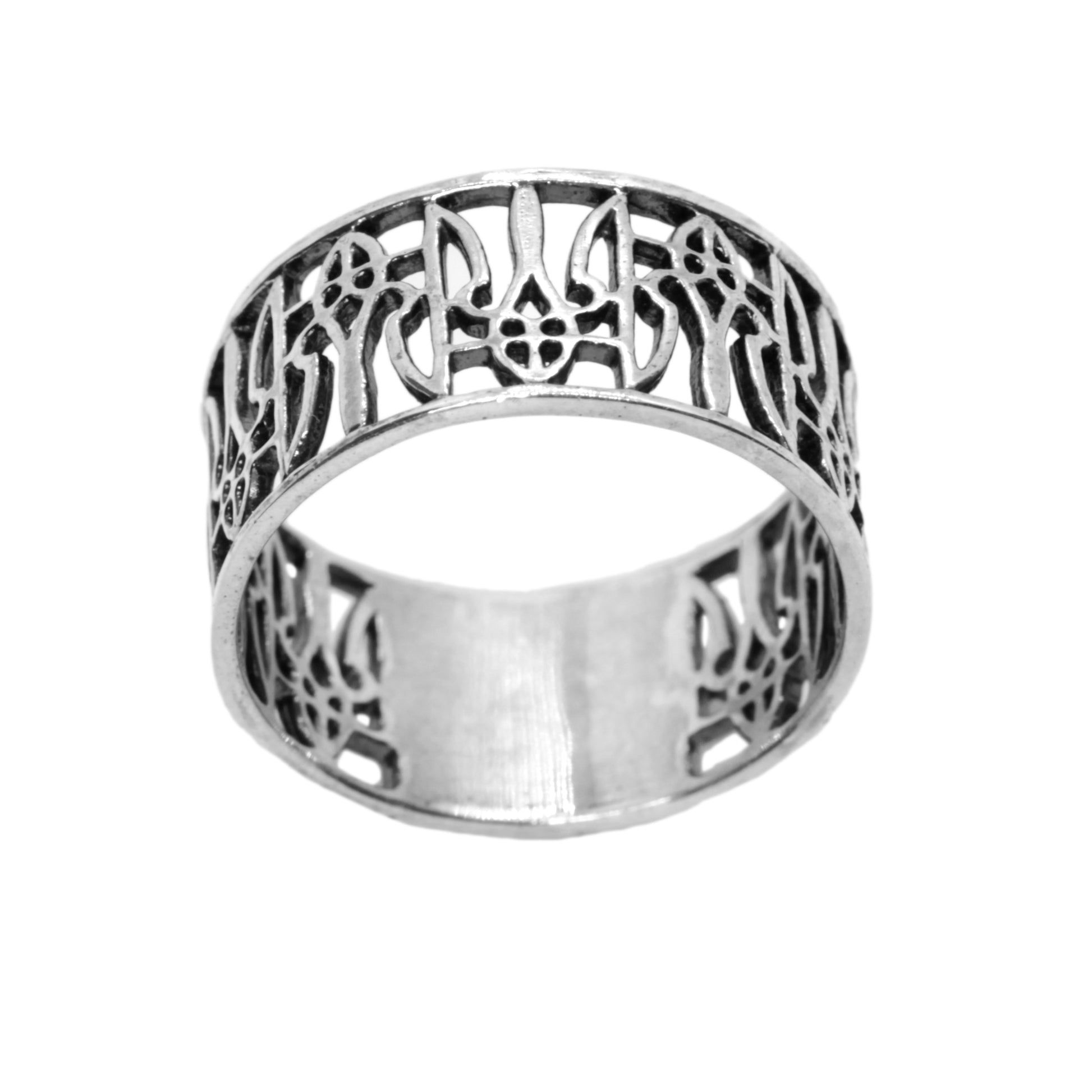 Sterling silver Ukrainian trident ring, also known as Tryzub ring, symbol of freedom and national heritage jewelry. Wide band unisex ring with ornate ethnic filigree design, perfect as a patriotic ring, heritage ring, or gift ring for men and women. Elegant yet powerful symbol ring representing Ukraine. Handcrafted solid 925 silver ring, oxidized finish for contrast. Exclusive design by INDIGO Jewelry, artisan quality jewelry with cultural meaning and timeless style.