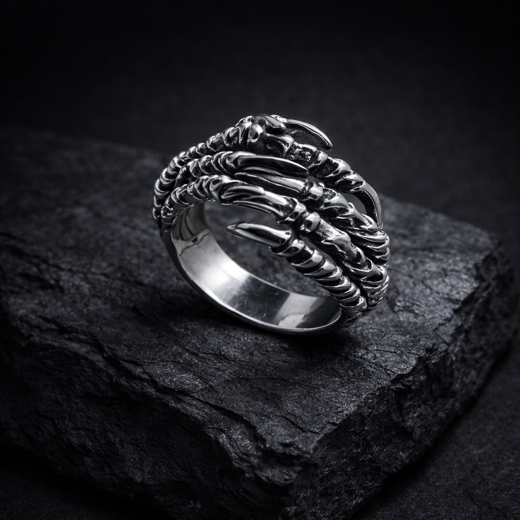 A silver ring with claws and claws design sits on a dark surface, creating a striking contrast.