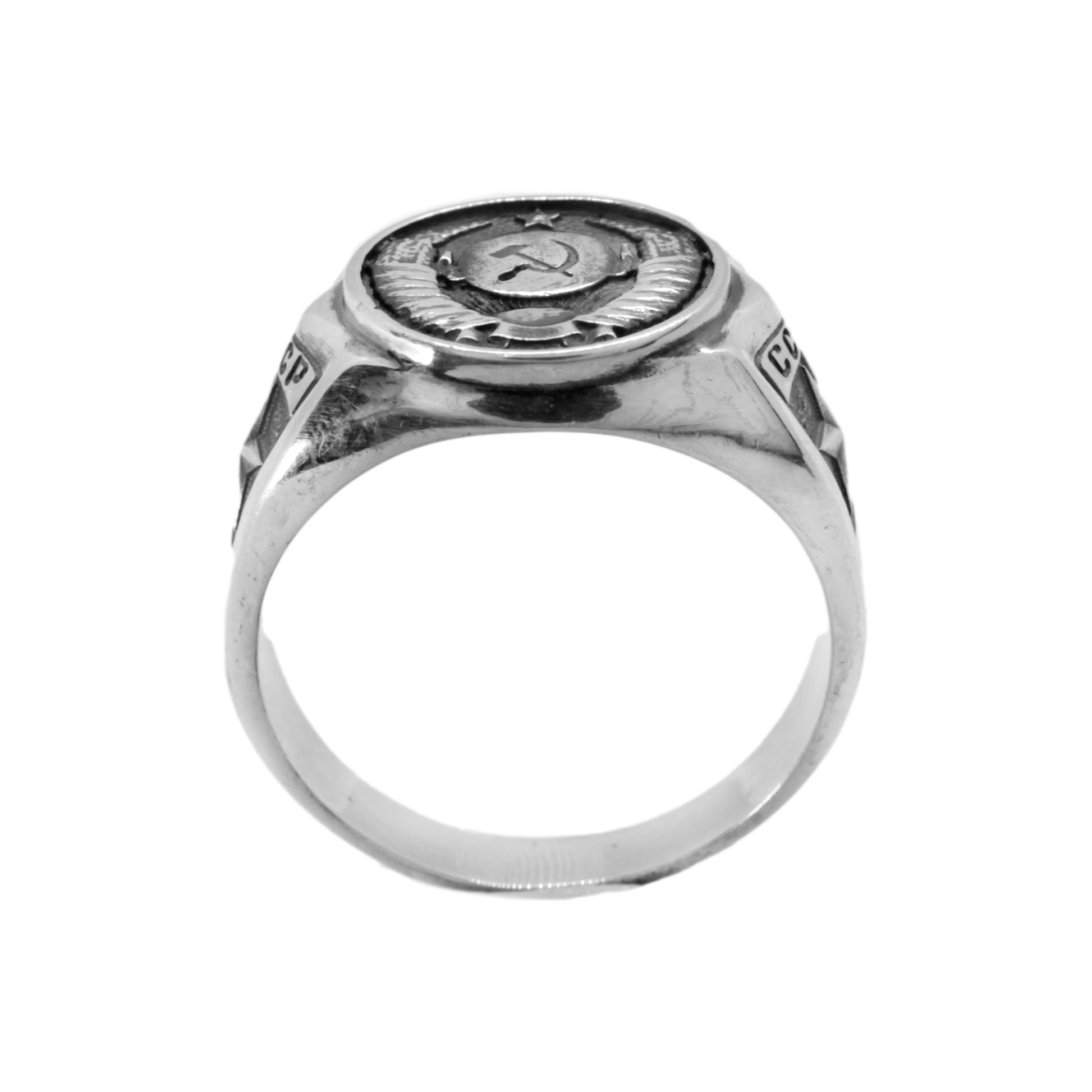 The State Emblem of the USSR, Emblem of the Soviet Union, Sterling Silver Ring. Coat of arms of the Soviet Union" Big sterling silver signet with round top. This design was fixed in the 1924 Soviet Constitution: "The State Emblem of the USSR is composed of a sickle and a hammer on a globe depicted in the rays of the sun and framed by ears of wheat, with the inscription "proletarians of the world, unite!".
