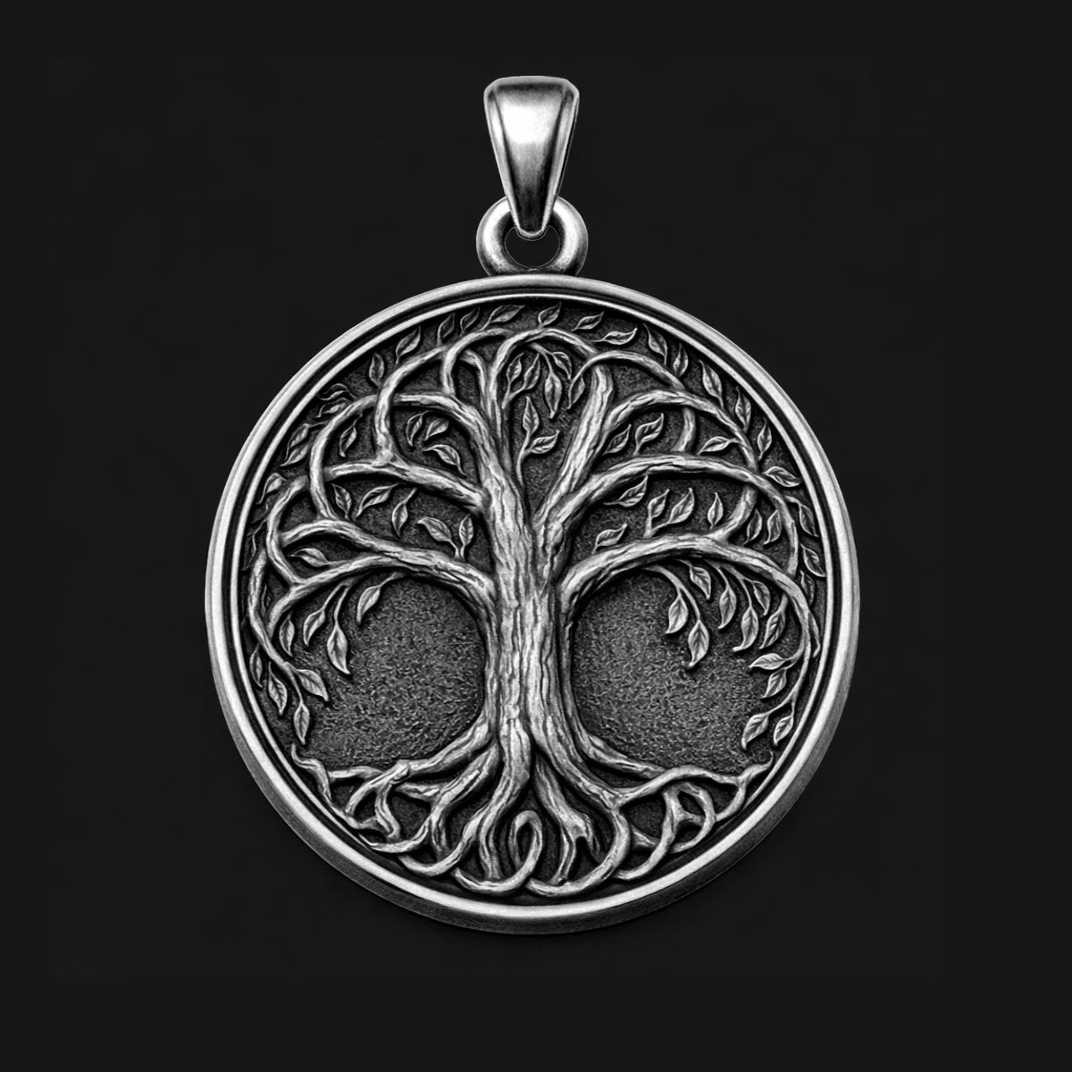 Oxidized silver Tree of Life pendant in 925 sterling silver, inspired by Yggdrasil Norse mythology, round 25mm symbolic Viking necklace, handcrafted Scandinavian jewelry for men, detailed textured background, minimalist mythological silver charm