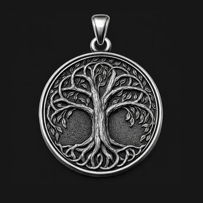 Oxidized silver Tree of Life pendant in 925 sterling silver, inspired by Yggdrasil Norse mythology, round 25mm symbolic Viking necklace, handcrafted Scandinavian jewelry for men, detailed textured background, minimalist mythological silver charm