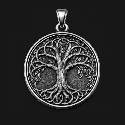 Oxidized silver Tree of Life pendant in 925 sterling silver, inspired by Yggdrasil Norse mythology, round 25mm symbolic Viking necklace, handcrafted Scandinavian jewelry for men, detailed textured background, minimalist mythological silver charm