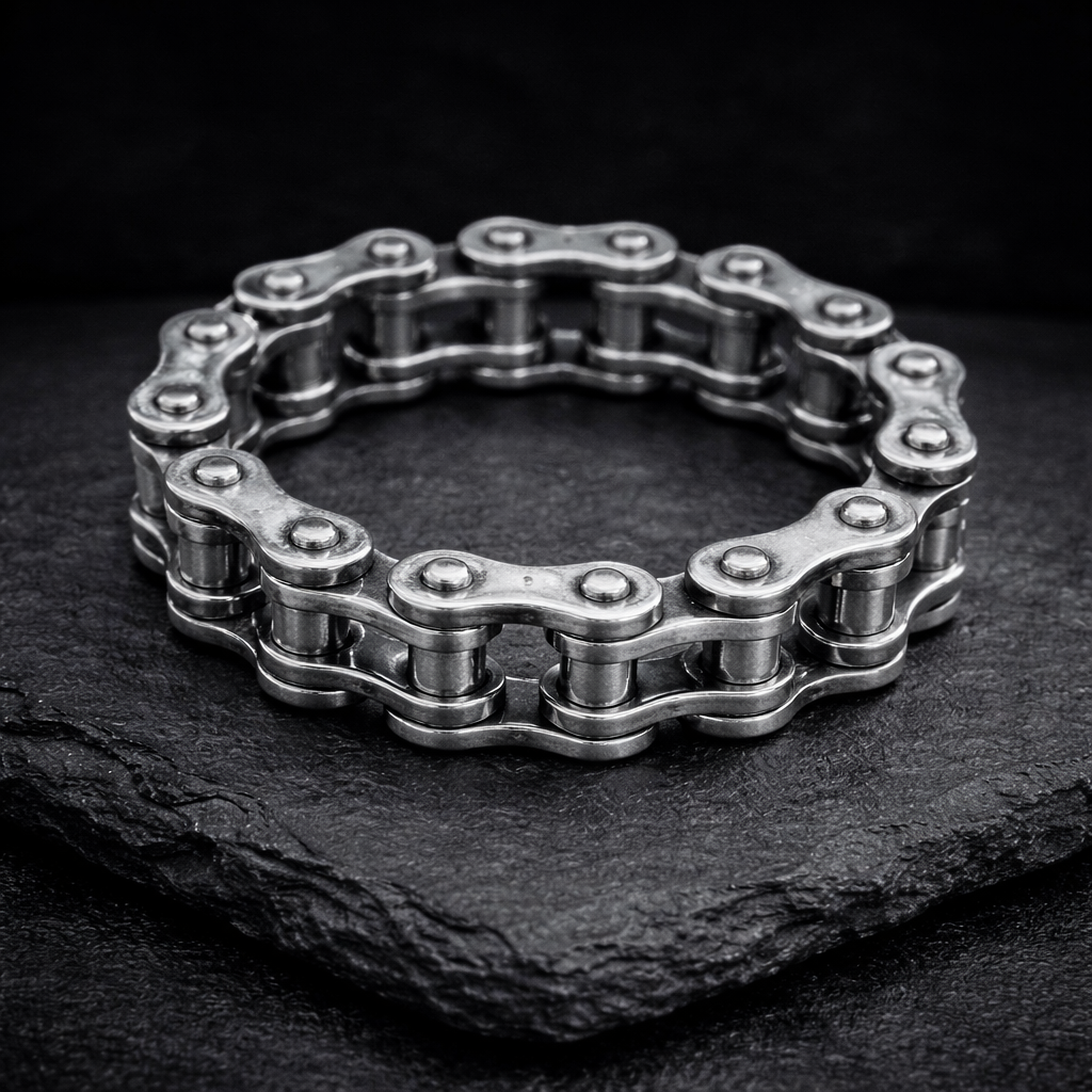 Biker band and motorcycle chain ring by indigo.jewelry, unique statement ring with industrial design and spinner band features, handcrafted for a heavy moto ring look.