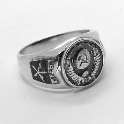 The State Emblem of the USSR, Emblem of the Soviet Union, Sterling Silver Ring. Coat of arms of the Soviet Union" Big sterling silver signet with round top. This design was fixed in the 1924 Soviet Constitution: "The State Emblem of the USSR is composed of a sickle and a hammer on a globe depicted in the rays of the sun and framed by ears of wheat, with the inscription "proletarians of the world, unite!".