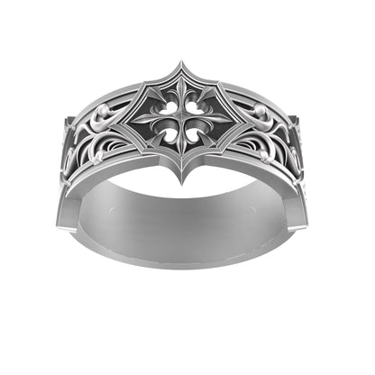 Men’s gothic wedding band handcrafted in oxidized 925 sterling silver. Features a pointed floral motif with intricate medieval scrollwork. Designed in a bold knight-inspired style, this ring is ideal for engagements, weddings, or symbolic unions. A perfect match to the women’s gothic ring by INDIGO Jewelry, for couples who embrace strength, honor, and dark romantic aesthetics.