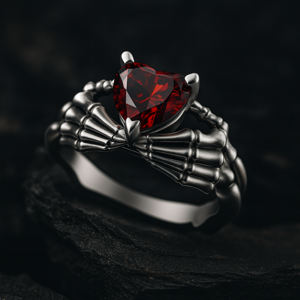 A silver ring with a red gemstone, resembling a heart, is displayed against a dark background.