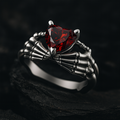 A silver ring with a red gemstone, resembling a heart, is displayed against a dark background.