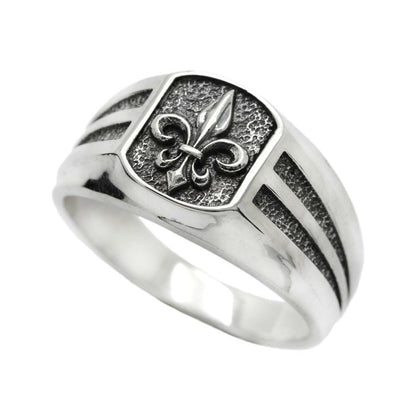 Heraldic Lily Fleur-de-lis Mens Signet Sterling Silver Ring
