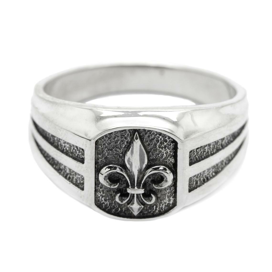 Heraldic Lily Fleur-de-lis Mens Signet Sterling Silver Ring