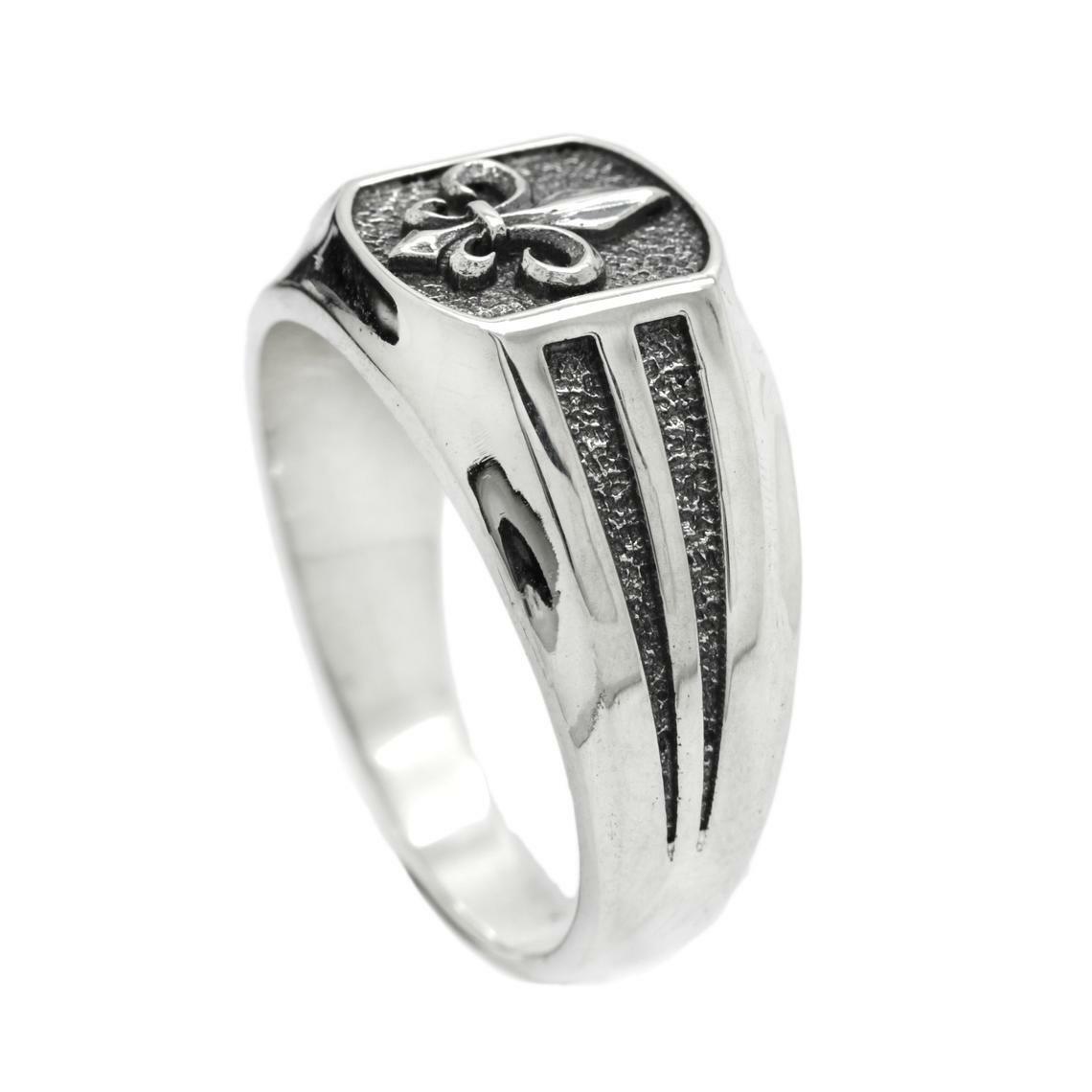 Heraldic Lily Fleur-de-lis Mens Signet Sterling Silver Ring