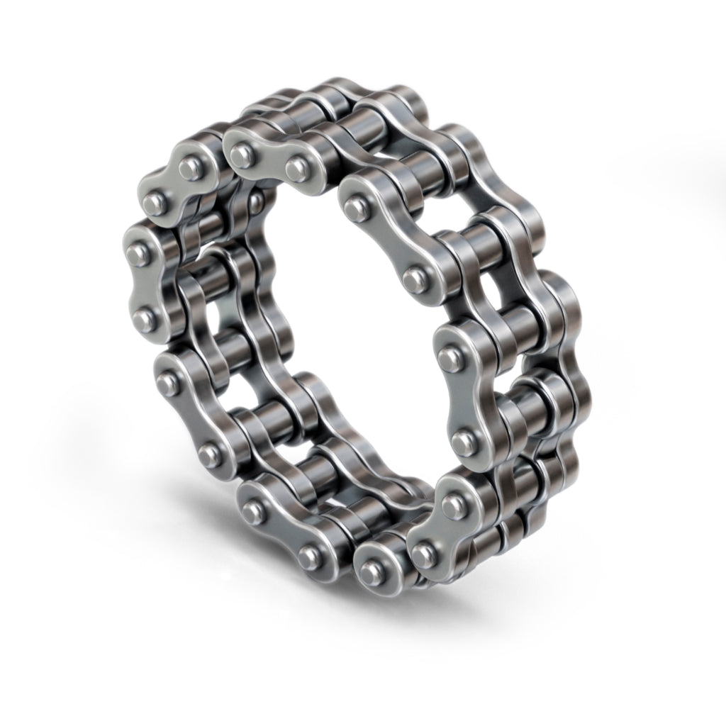 Biker band and motorcycle chain ring by indigo.jewelry, unique statement ring with industrial design and spinner band features, handcrafted for a heavy moto ring look.