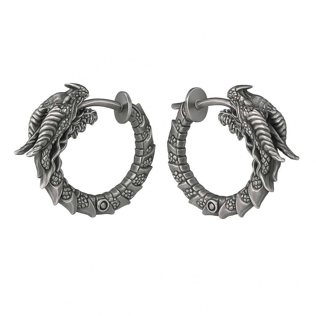 A pair of silver earrings with dragon heads on either side, featuring intricate designs and patterns.
