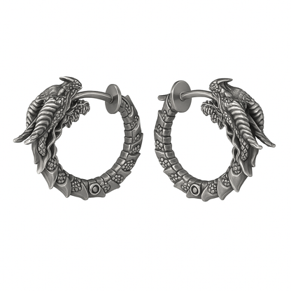 A pair of silver earrings with dragon heads on either side, featuring intricate designs and patterns.