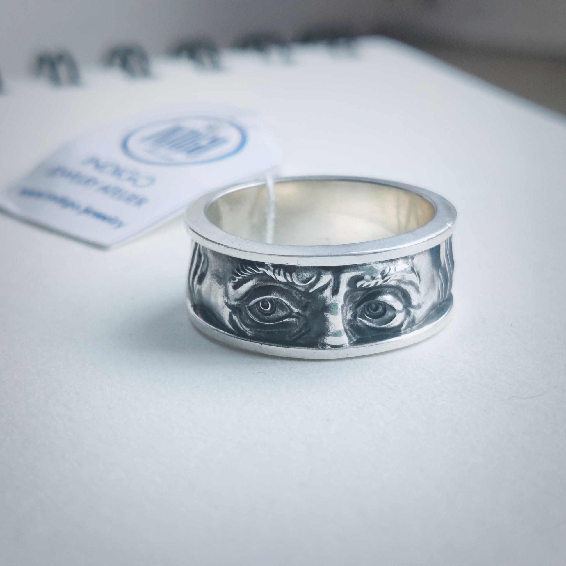 Time is Money Benjamin Franklin Eyes Sterling Silver Band Ring