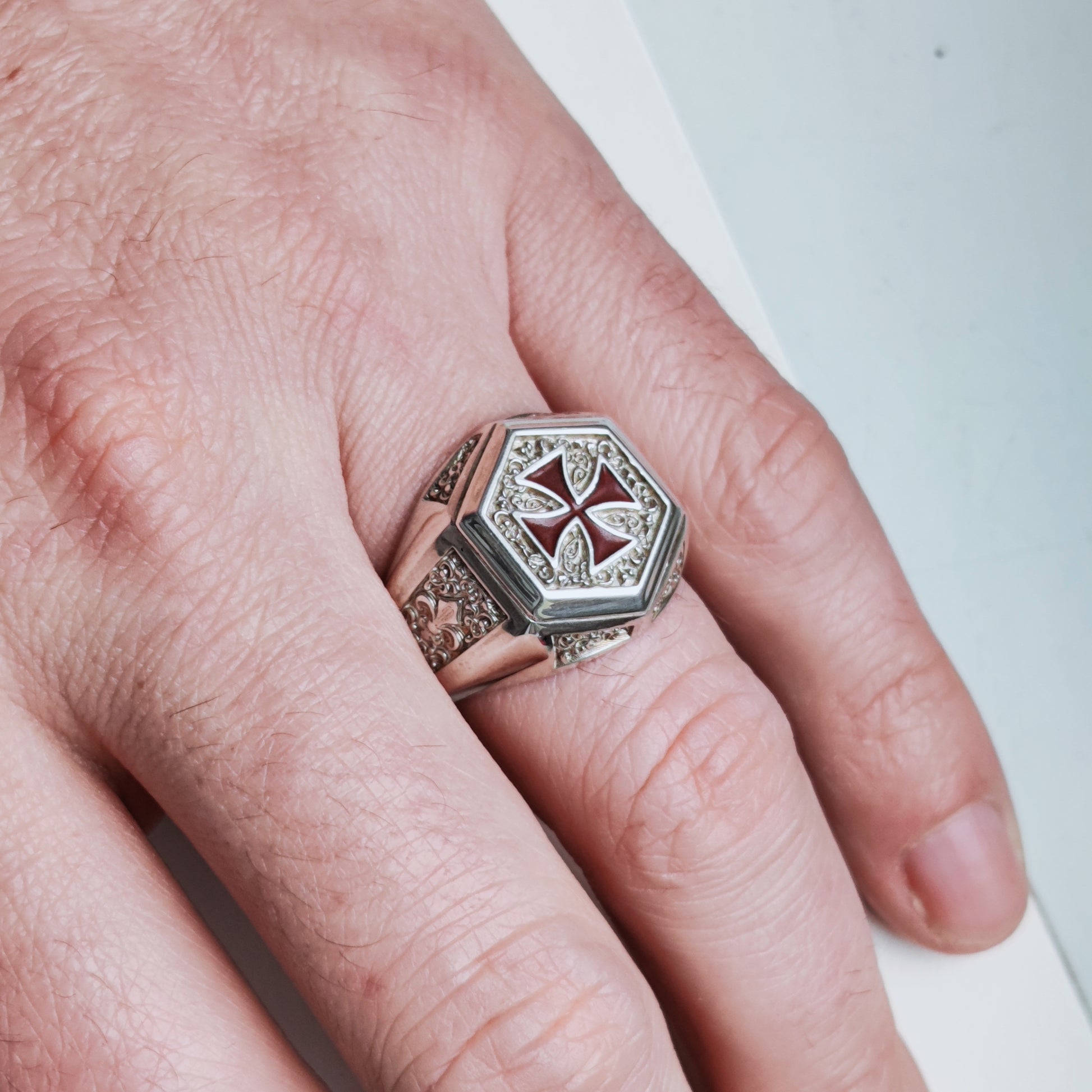 Knights Templar Ring, The Order of Solomon Temple Signet with Cross Red Enamel