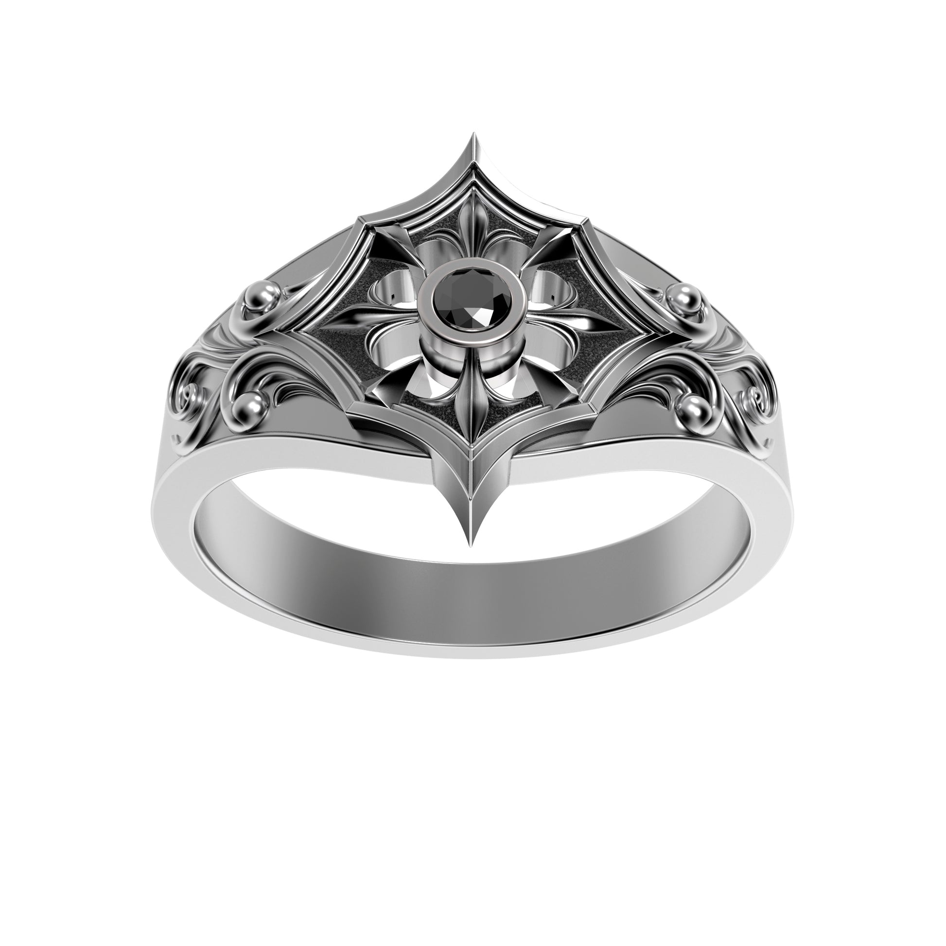 Gothic engagement ring for women made of oxidized 925 sterling silver with a round black zircon gemstone. Inspired by medieval, Viking, and knightcore aesthetics. Features floral scrollwork reminiscent of ancient armor. Ideal for gothic weddings, fantasy lovers, or alternative proposals. Handcrafted by INDIGO Jewelry for symbolic unions and meaningful expressions of devotion.