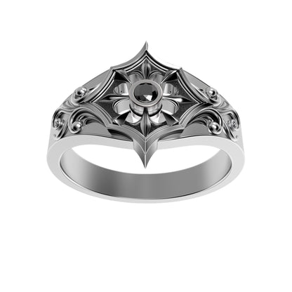 Gothic engagement ring for women made of oxidized 925 sterling silver with a round black zircon gemstone. Inspired by medieval, Viking, and knightcore aesthetics. Features floral scrollwork reminiscent of ancient armor. Ideal for gothic weddings, fantasy lovers, or alternative proposals. Handcrafted by INDIGO Jewelry for symbolic unions and meaningful expressions of devotion.