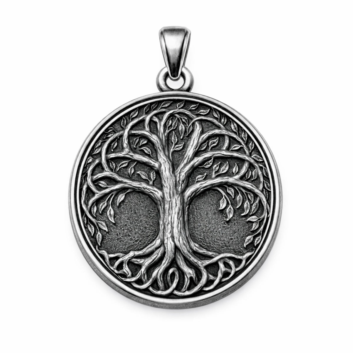 Oxidized silver Tree of Life pendant in 925 sterling silver, inspired by Yggdrasil Norse mythology, round 25mm symbolic Viking necklace, handcrafted Scandinavian jewelry for men, detailed textured background, minimalist mythological silver charm
