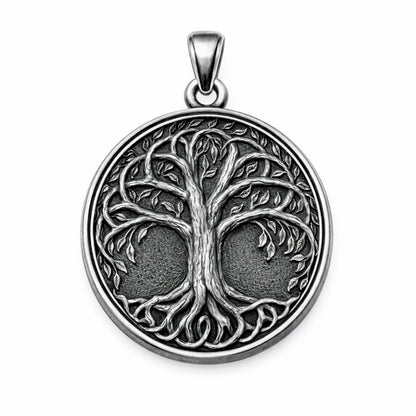 Oxidized silver Tree of Life pendant in 925 sterling silver, inspired by Yggdrasil Norse mythology, round 25mm symbolic Viking necklace, handcrafted Scandinavian jewelry for men, detailed textured background, minimalist mythological silver charm