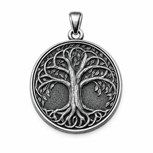 Oxidized silver Tree of Life pendant in 925 sterling silver, inspired by Yggdrasil Norse mythology, round 25mm symbolic Viking necklace, handcrafted Scandinavian jewelry for men, detailed textured background, minimalist mythological silver charm
