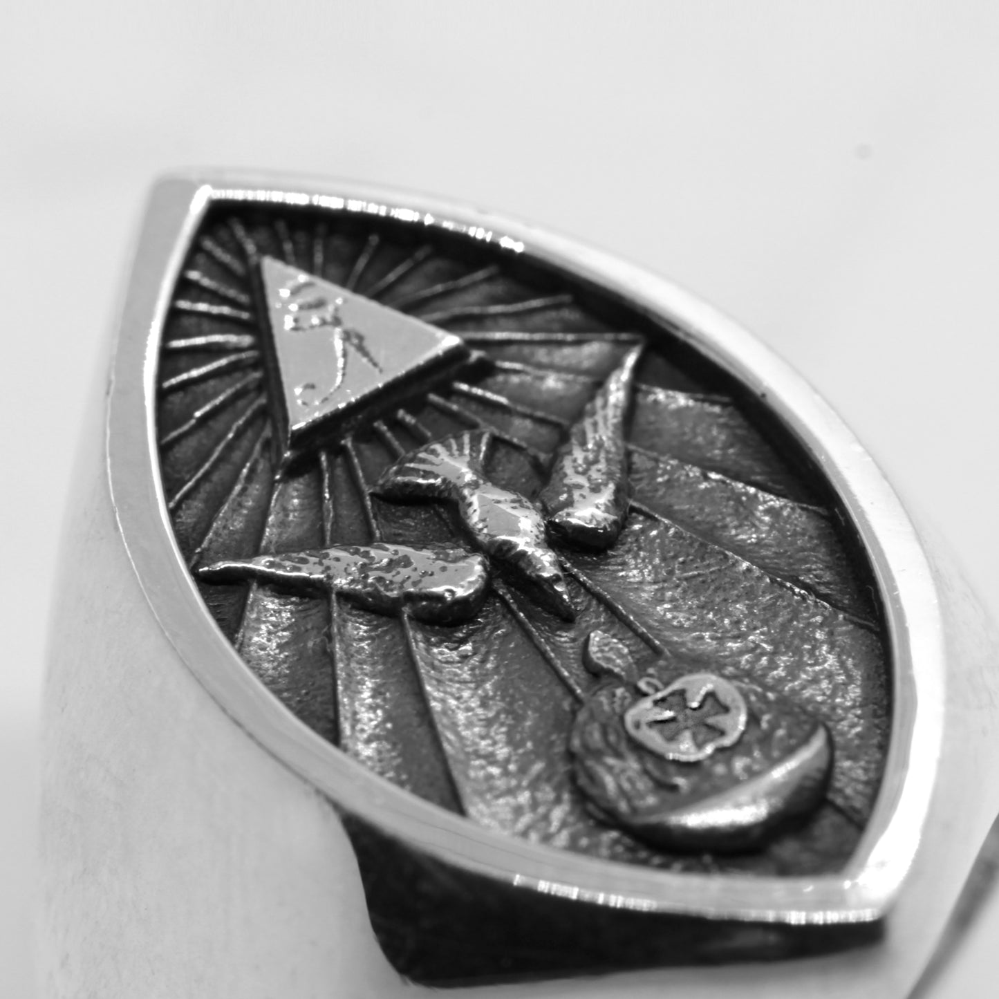 Sterling silver Thelema ring featuring the Eye of Horus, dove, and grail symbol. Esoteric occult signet ring inspired by mystical symbolism and sacred geometry. Handmade by Indigo Jewelry in oxidized silver, this piece embodies spiritual depth, ancient wisdom, and personal protection. Unique gothic and symbolic men's statement jewelry