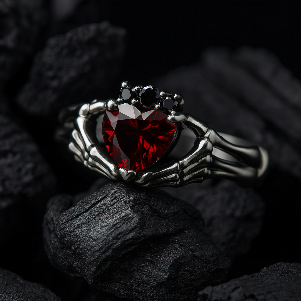 A ring with a red gemstone, resembling a heart, is displayed against a dark background, with a skeletal hand holding the gemstone.