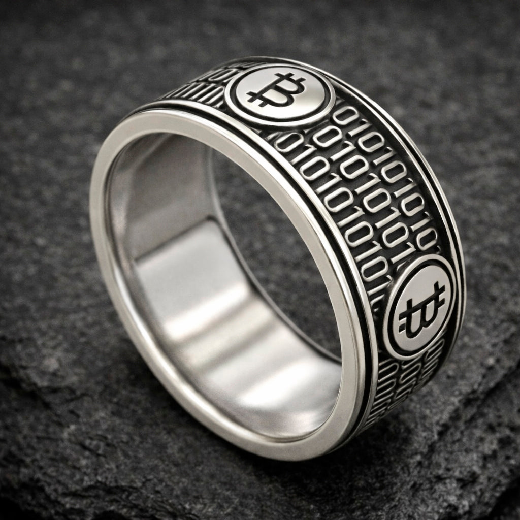 Sterling silver 925 bitcoin ring with blackened finish, wide band crypto ring featuring binary code and bitcoin symbol