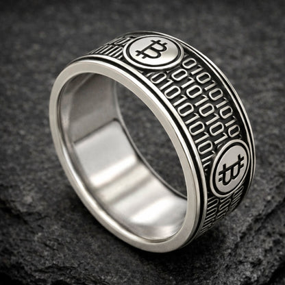 Sterling silver 925 bitcoin ring with blackened finish, wide band crypto ring featuring binary code and bitcoin symbol