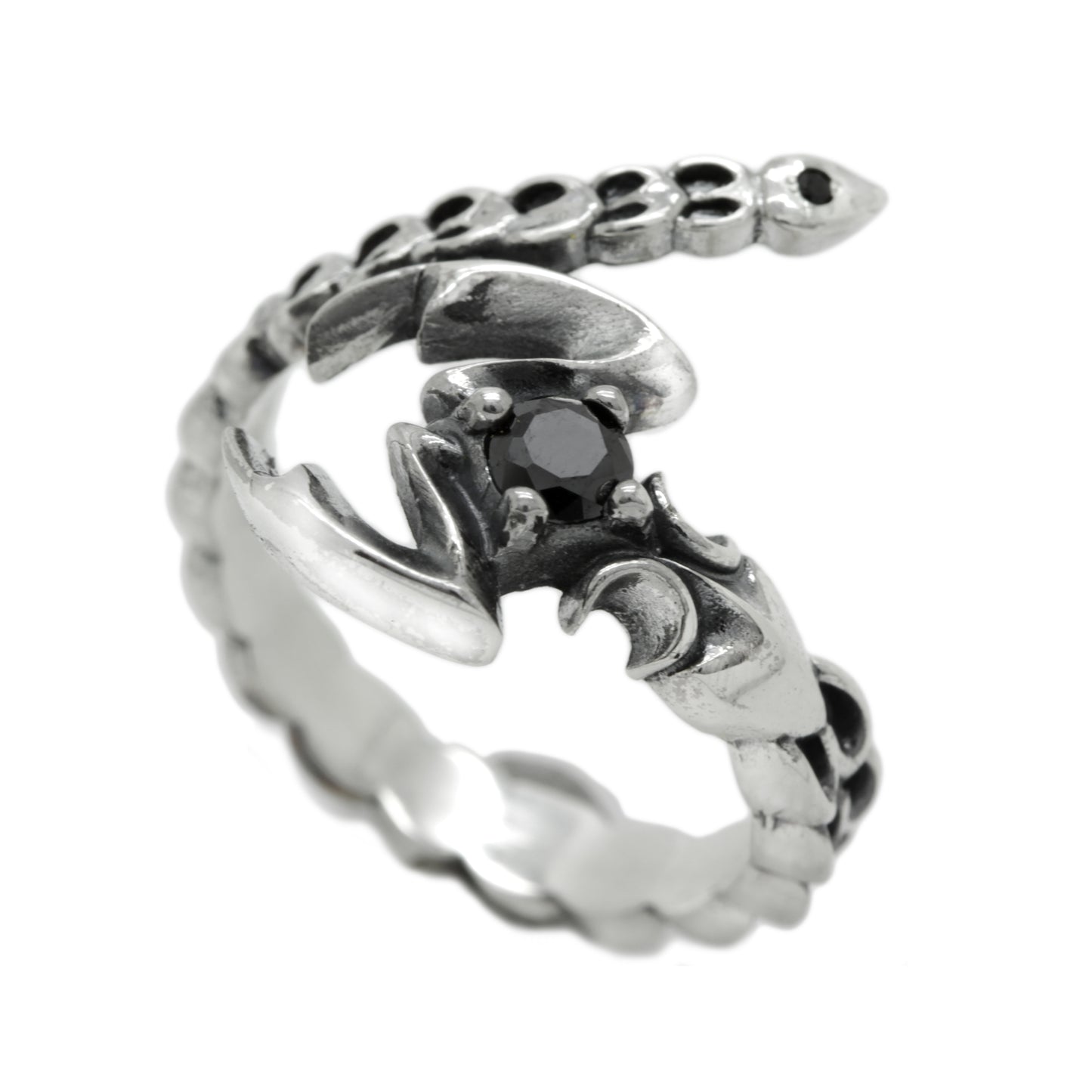 Adjustable Scorpio zodiac ring in sterling silver with black cubic zirconia and open wrap design