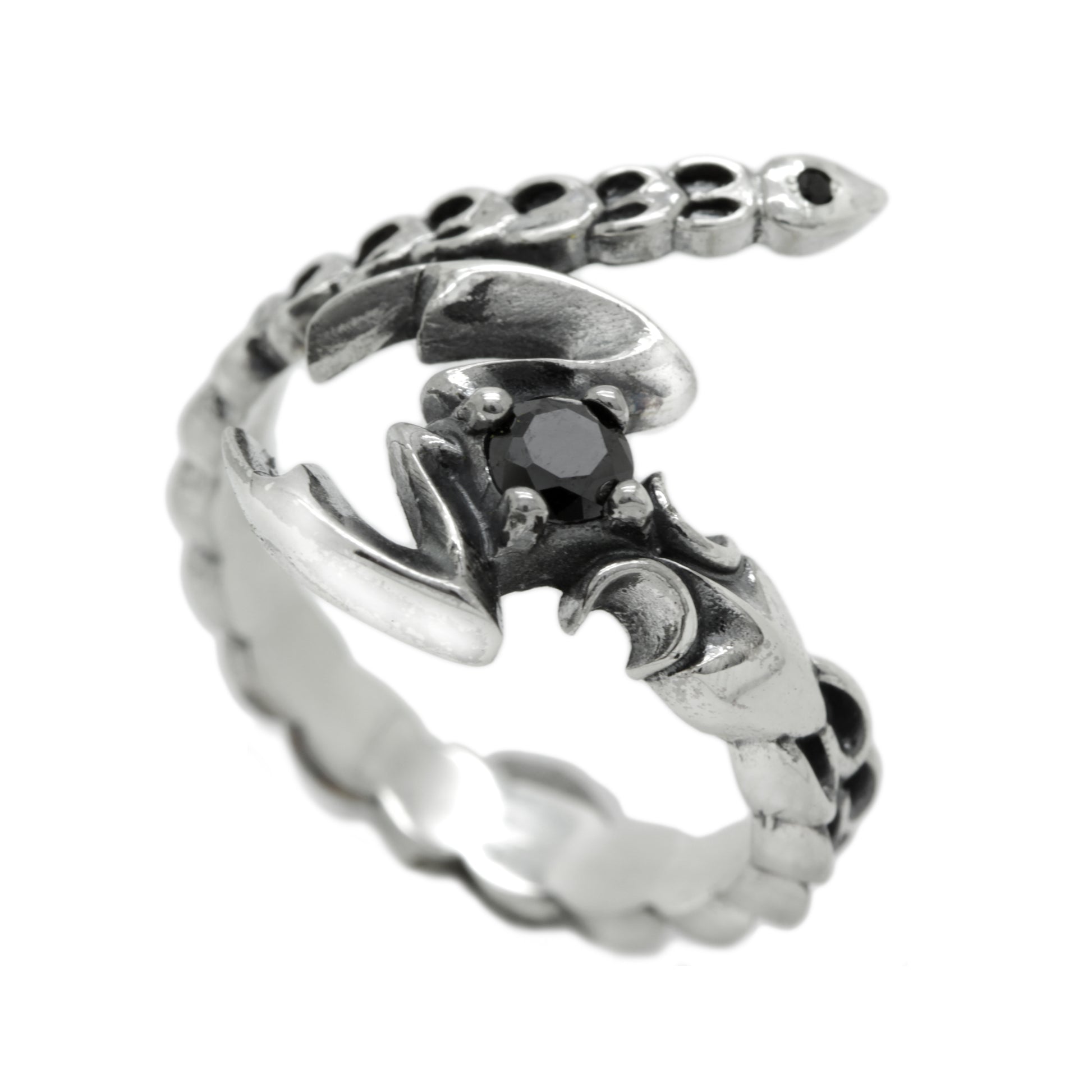 Adjustable Scorpio zodiac ring in sterling silver with black cubic zirconia and open wrap design