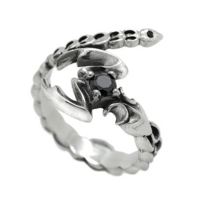 Adjustable Scorpio zodiac ring in sterling silver with black cubic zirconia and open wrap design