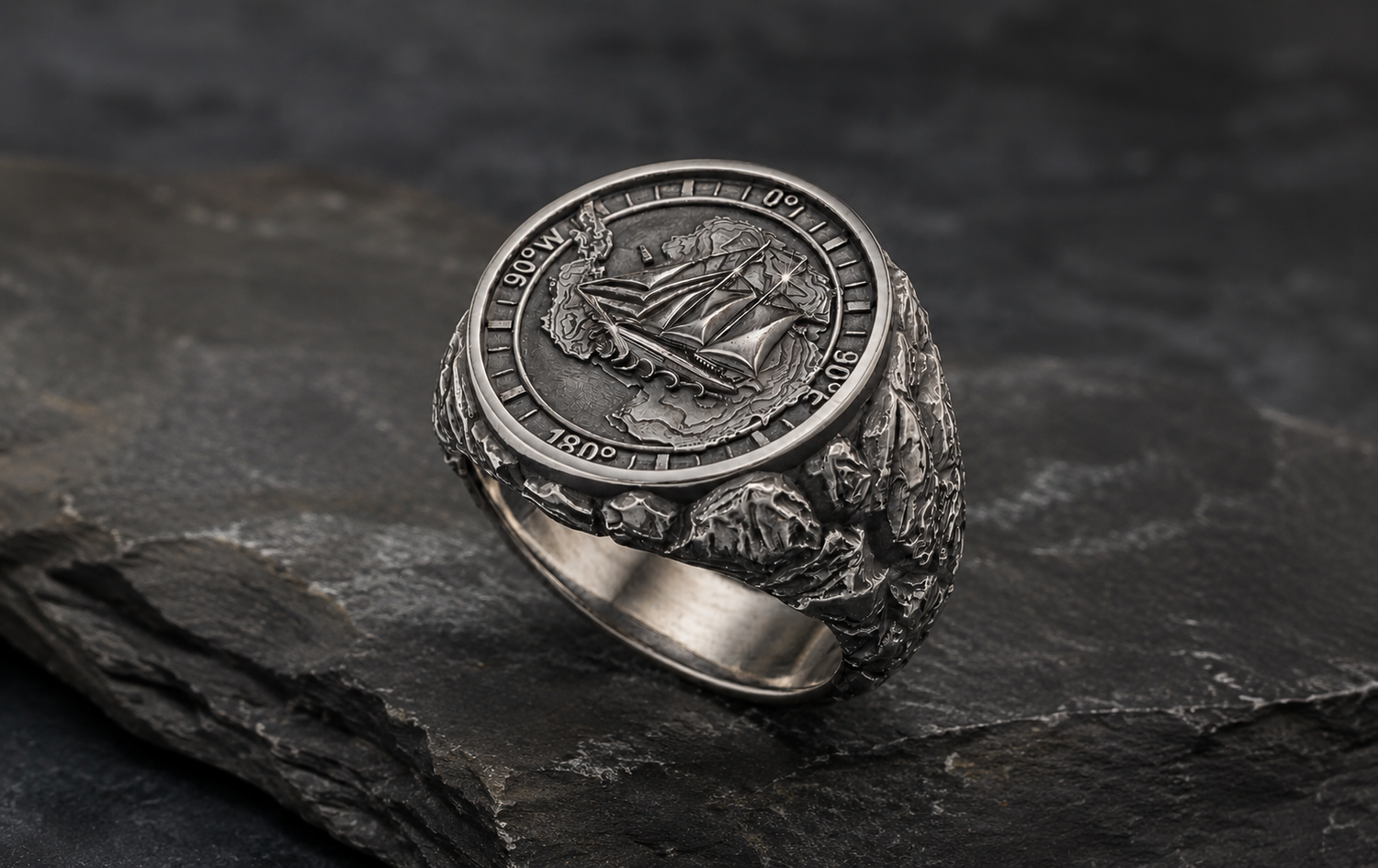 Antarctica Explorer men’s sterling silver signet ring inspired by polar expedition, handcrafted by INDIGO Jewelry