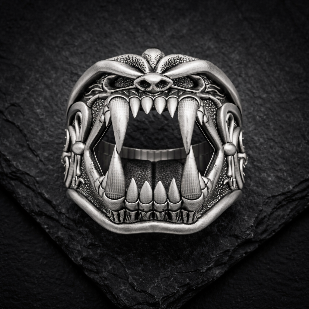 A close-up black and white image of a silver ring with a fierce, menacing design featuring sharp teeth and claws.