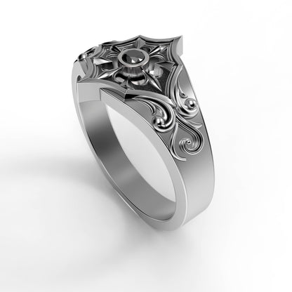 Gothic engagement ring for women made of oxidized 925 sterling silver with a round black zircon gemstone. Inspired by medieval, Viking, and knightcore aesthetics. Features floral scrollwork reminiscent of ancient armor. Ideal for gothic weddings, fantasy lovers, or alternative proposals. Handcrafted by INDIGO Jewelry for symbolic unions and meaningful expressions of devotion.
