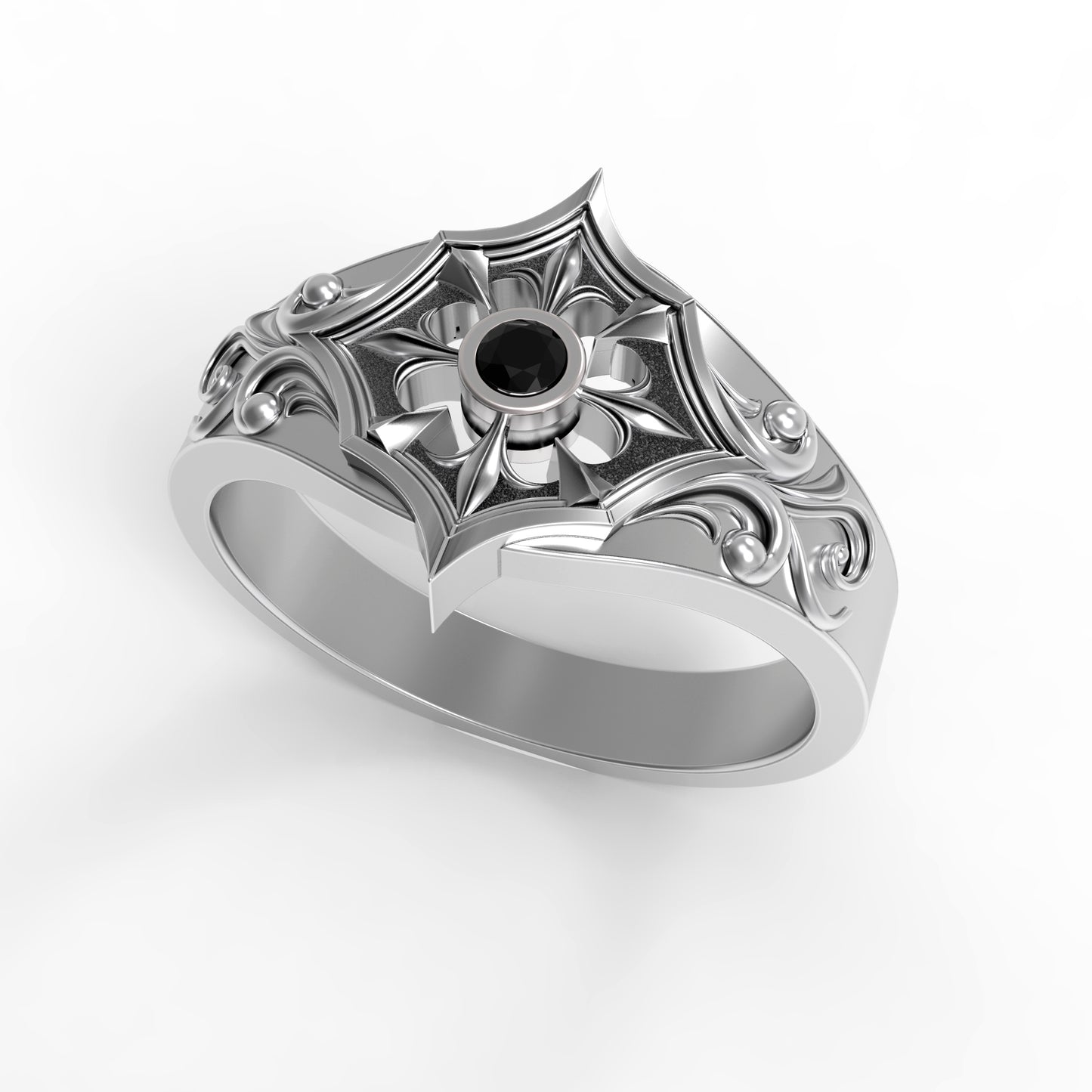 Gothic engagement ring for women made of oxidized 925 sterling silver with a round black zircon gemstone. Inspired by medieval, Viking, and knightcore aesthetics. Features floral scrollwork reminiscent of ancient armor. Ideal for gothic weddings, fantasy lovers, or alternative proposals. Handcrafted by INDIGO Jewelry for symbolic unions and meaningful expressions of devotion.