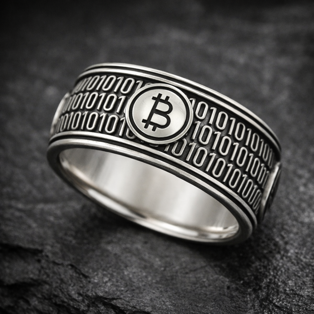Sterling silver 925 bitcoin ring with blackened finish, wide band crypto ring featuring binary code and bitcoin symbol
