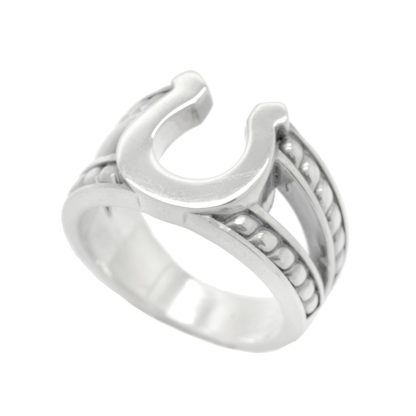 A silver ring with a horseshoe-shaped design and decorative elements.