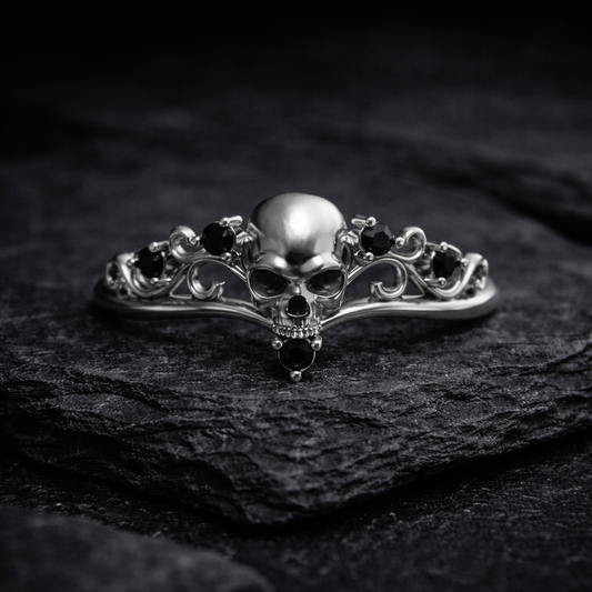 A silver ring with a skull design and black gemstones is displayed against a dark background.