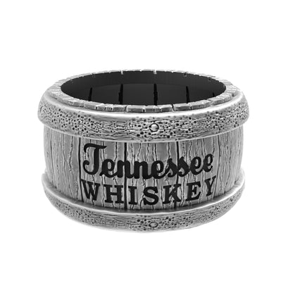 Handcrafted sterling silver whiskey barrel ring for men by Indigo Jewelry. Chunky rustic design with wood texture and rivet details. Inspired by aged bourbon barrels, this silver band ring is a unique gift for him, whiskey lover ring, artisan silver jewelry, masculine statement ring, and personalized handmade men’s accessory with oxidized silver finish.