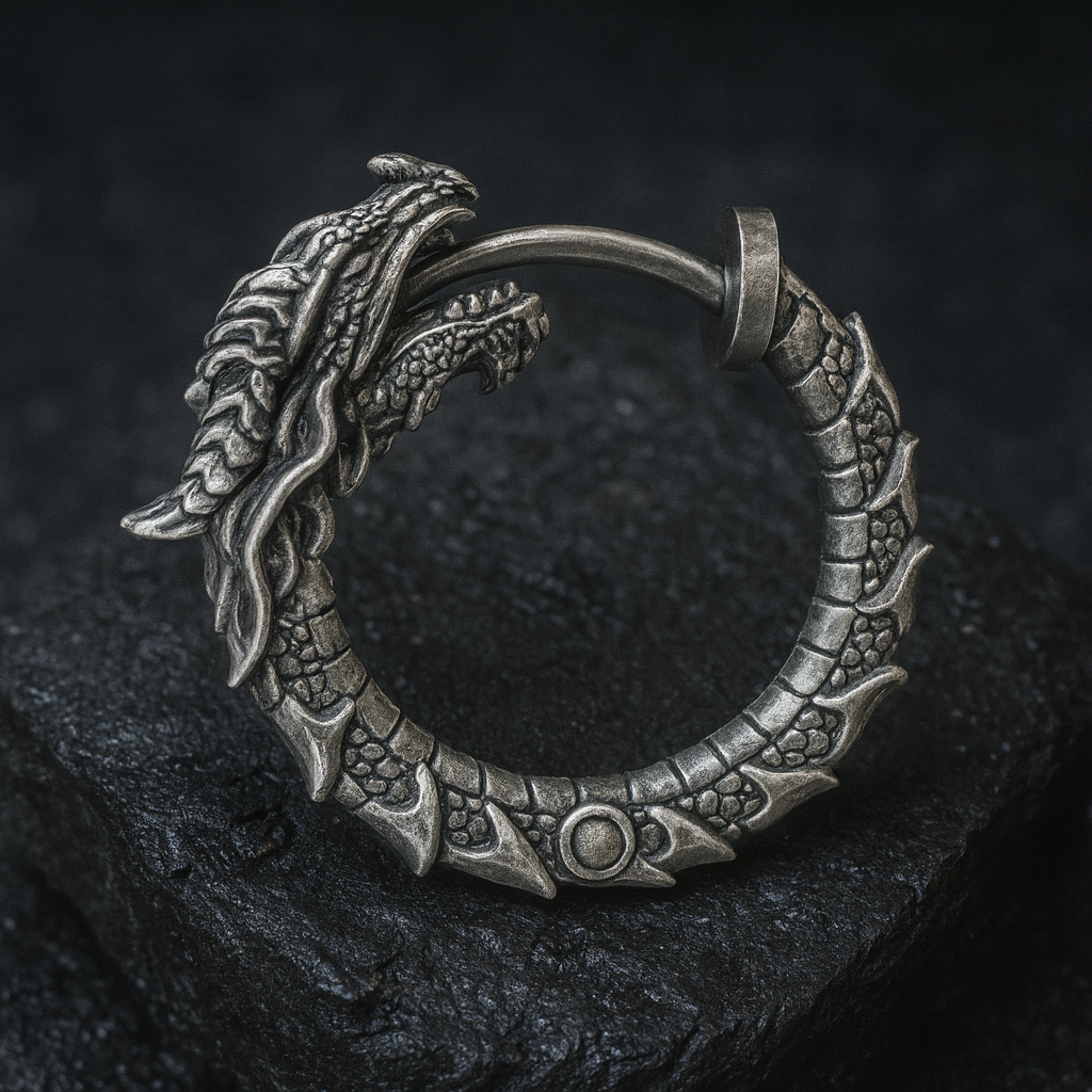 Blackened sterling silver Uroboros dragon hoop earrings with detailed sculpted scales, gothic mythology design, handmade oxidized silver jewelry by INDIGO Jewelry.
